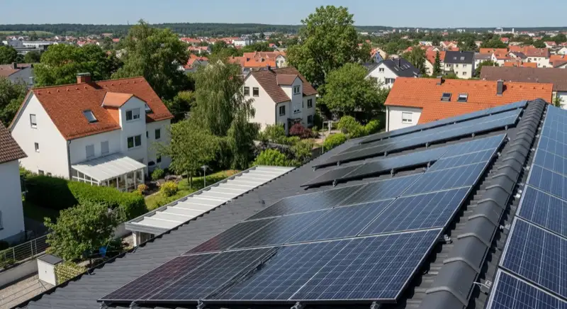 Aerial drone view of typical German residential neighborhood with mixed roof types, red and dark roof tiles, gardens visible, sunny day