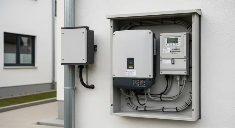 Modern German electrical meter cabinet (Zählerschrank) with smart meter and solar inverter connection, clean technical installation