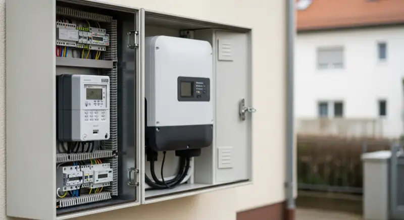 Modern German electrical meter cabinet (Zählerschrank) with smart meter and solar inverter connection, clean technical installation