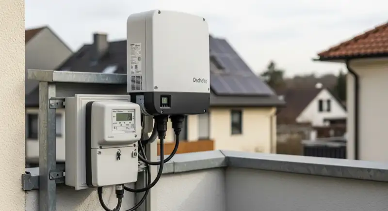 Modern German electrical meter cabinet (Zählerschrank) with smart meter and solar inverter connection, clean technical installation