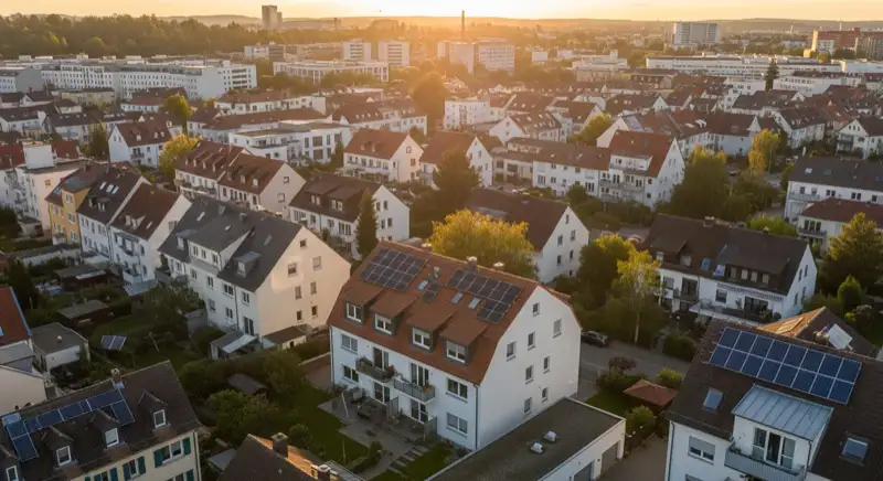 Aerial drone view of typical German residential neighborhood with mixed roof types, red and dark roof tiles, gardens visible, sunny day