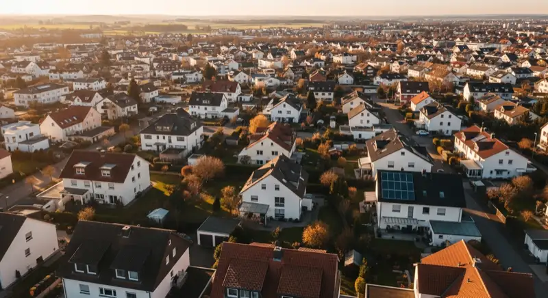 Aerial drone view of typical German residential neighborhood with mixed roof types, red and dark roof tiles, gardens visible, sunny day