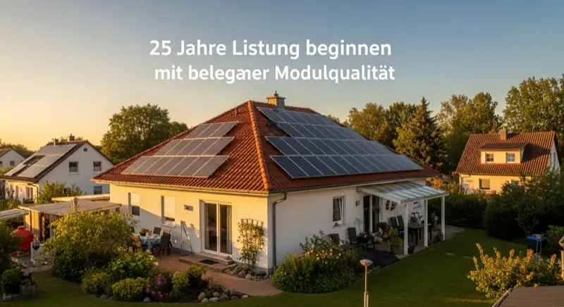 German detached house (Einfamilienhaus) with photovoltaic panels on pitched roof, well-maintained garden, warm afternoon sunlight