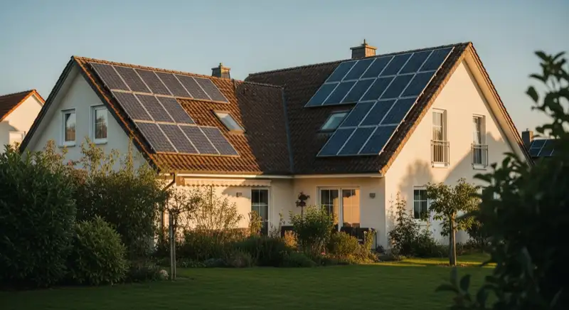German detached house (Einfamilienhaus) with photovoltaic panels on pitched roof, well-maintained garden, warm afternoon sunlight