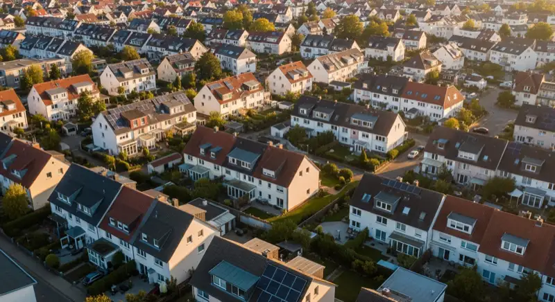Aerial drone view of typical German residential neighborhood with mixed roof types, red and dark roof tiles, gardens visible, sunny day