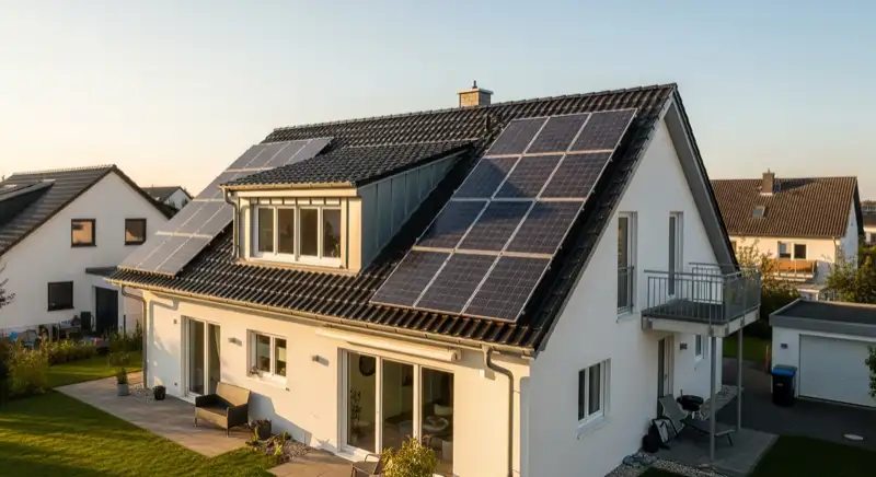 Geneigtes Einfamilienhausdach mit Photovoltaik-Montage in einer Wohnlage von Dessau-Roßlau