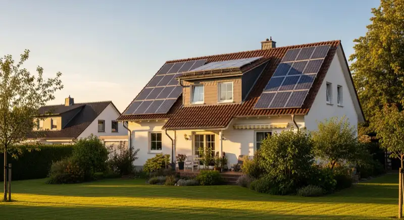 German detached house (Einfamilienhaus) with photovoltaic panels on pitched roof, well-maintained garden, warm afternoon sunlight
