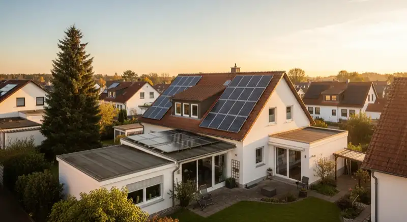 German detached house (Einfamilienhaus) with photovoltaic panels on pitched roof, well-maintained garden, warm afternoon sunlight