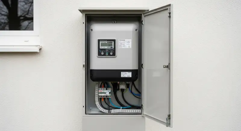 Modern German electrical meter cabinet (Zählerschrank) with smart meter and solar inverter connection, clean technical installation