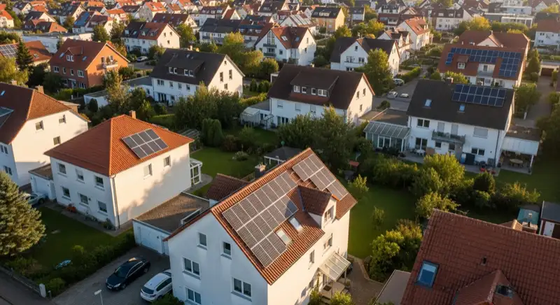 Aerial drone view of typical German residential neighborhood with mixed roof types, red and dark roof tiles, gardens visible, sunny day