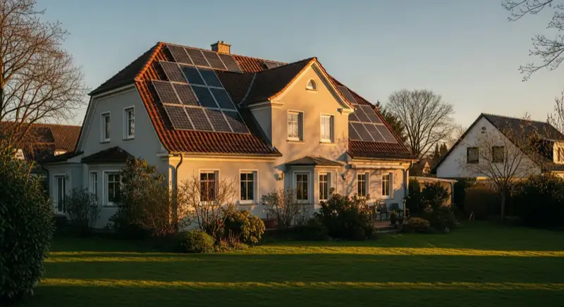 German detached house (Einfamilienhaus) with photovoltaic panels on pitched roof, well-maintained garden, warm afternoon sunlight
