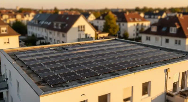 Großes Flachdach mit Solaranlage auf einem Mehrfamilienhaus in Waldersee