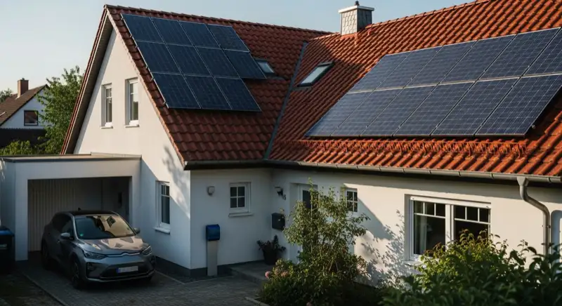 Einfamilienhaus in Kochstedt mit Solarmodulen, Wallbox und geparktem Elektroauto
