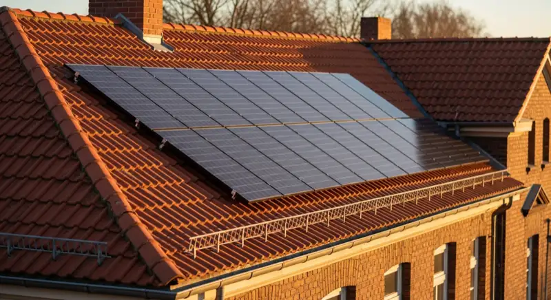 Solarteur bei der Sichtprüfung einer Aufdachanlage auf einem älteren Haus in Roßlau
