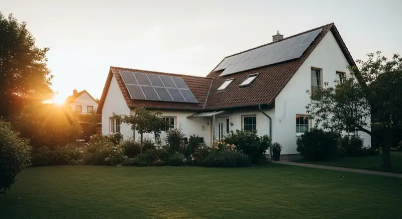 German detached house in Dessau-Roßlau with photovoltaic panels on a pitched roof and tidy garden, realistic real-estate photography