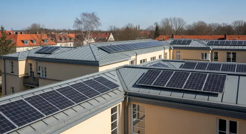 Dachlandschaft der Bauhaussiedlung Dessau-Törten mit zurückhaltend integrierten Solarmodulen