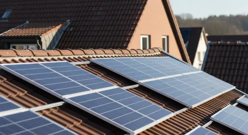 Solarteur bei der Montage von PV-Modulen auf einem Wohnhaus in Dinslaken