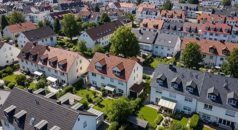 Aerial drone view of typical German residential neighborhood with mixed roof types, red and dark roof tiles, gardens visible, sunny day