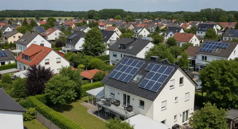 Aerial drone view of typical German residential neighborhood with mixed roof types, red and dark roof tiles, gardens visible, sunny day