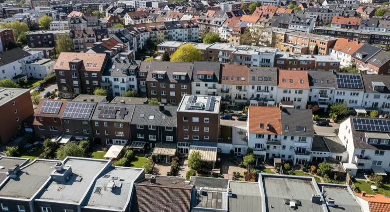 Aerial drone view of typical German residential neighborhood with mixed roof types, red and dark roof tiles, gardens visible, sunny day
