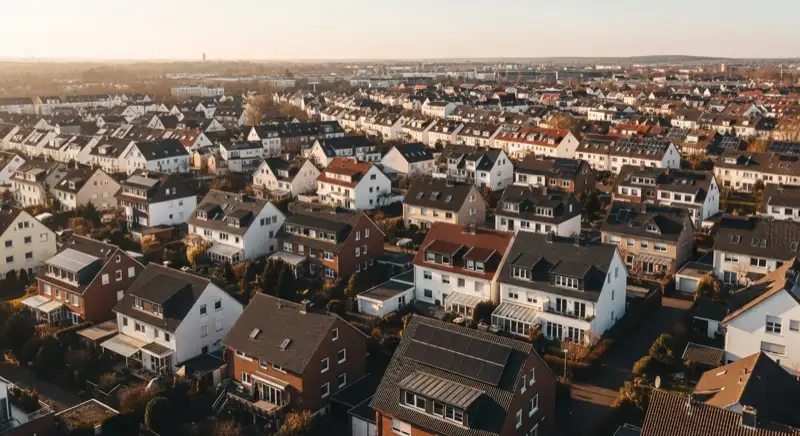 Aerial drone view of typical German residential neighborhood with mixed roof types, red and dark roof tiles, gardens visible, sunny day