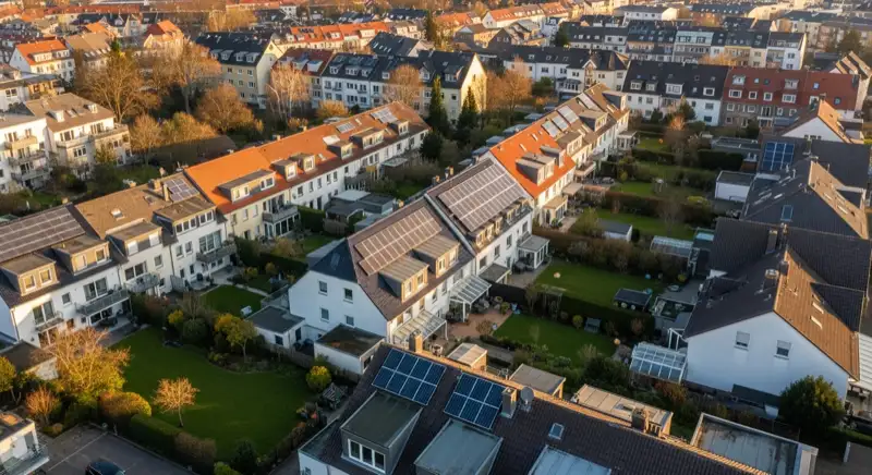 Aerial drone view of typical German residential neighborhood with mixed roof types, red and dark roof tiles, gardens visible, sunny day