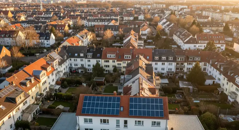 Aerial drone view of typical German residential neighborhood with mixed roof types, red and dark roof tiles, gardens visible, sunny day