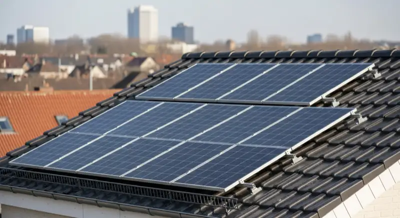 Solarinstallateur bei der Dachbegehung auf einem Einfamilienhaus in Dortmund mit Blick auf die Stadtsilhouette