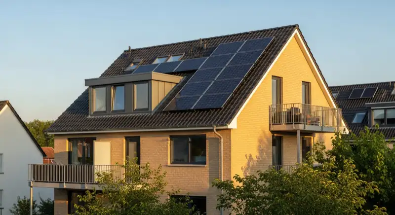 Zechenhaus in Dortmund-Hörde mit moderner Solaranlage auf dem Satteldach