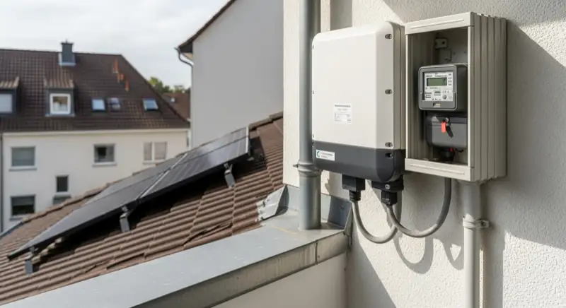 Modern German electrical meter cabinet (Zählerschrank) with smart meter and solar inverter connection, clean technical installation