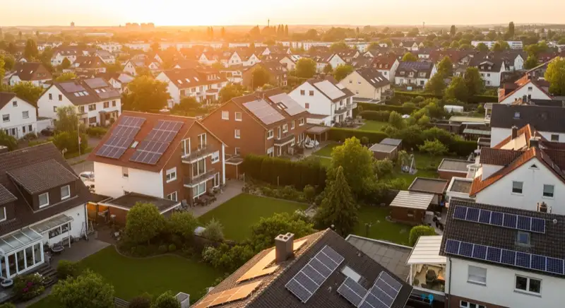 Aerial drone view of typical German residential neighborhood with mixed roof types, red and dark roof tiles, gardens visible, sunny day