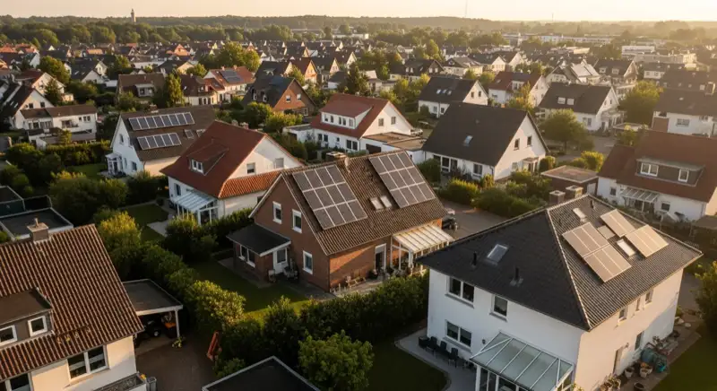 Aerial drone view of typical German residential neighborhood with mixed roof types, red and dark roof tiles, gardens visible, sunny day
