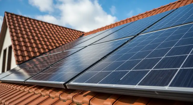 Close-up of photovoltaic solar panels installed on a traditional German Satteldach (gabled roof), blue sky with some clouds