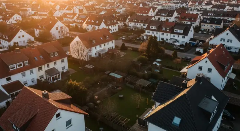 Aerial drone view of typical German residential neighborhood with mixed roof types, red and dark roof tiles, gardens visible, sunny day