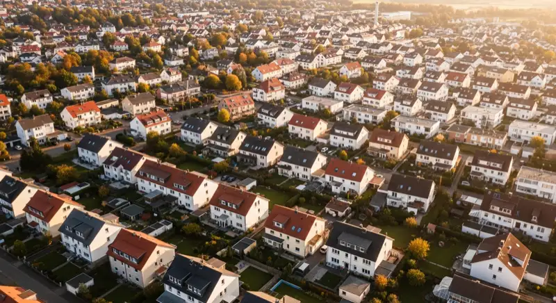 Aerial drone view of typical German residential neighborhood with mixed roof types, red and dark roof tiles, gardens visible, sunny day