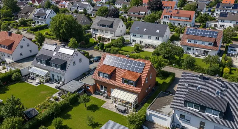 Aerial drone view of typical German residential neighborhood with mixed roof types, red and dark roof tiles, gardens visible, sunny day