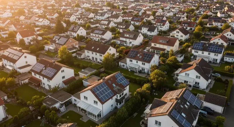 Aerial drone view of typical German residential neighborhood with mixed roof types, red and dark roof tiles, gardens visible, sunny day