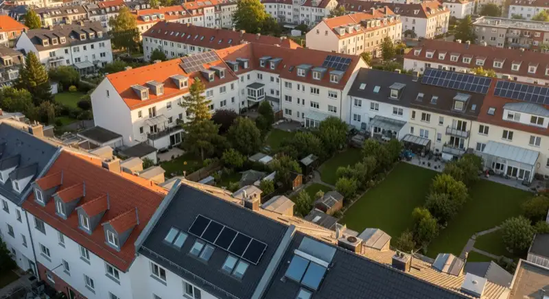 Aerial drone view of typical German residential neighborhood with mixed roof types, red and dark roof tiles, gardens visible, sunny day