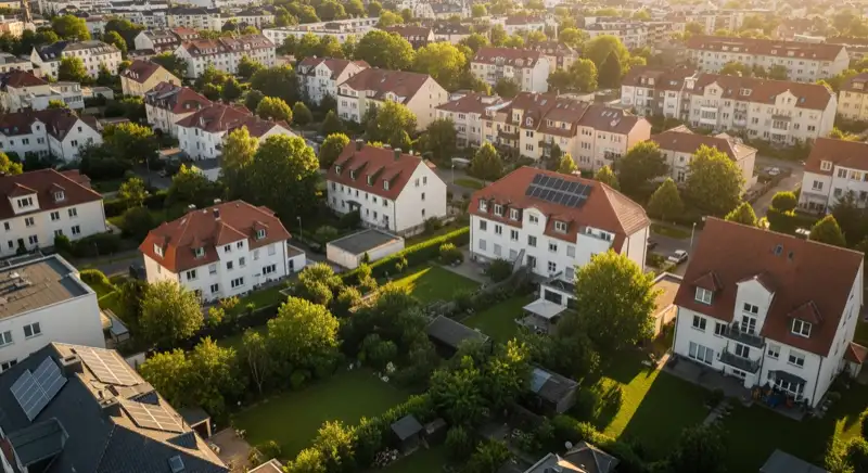 Aerial drone view of typical German residential neighborhood with mixed roof types, red and dark roof tiles, gardens visible, sunny day