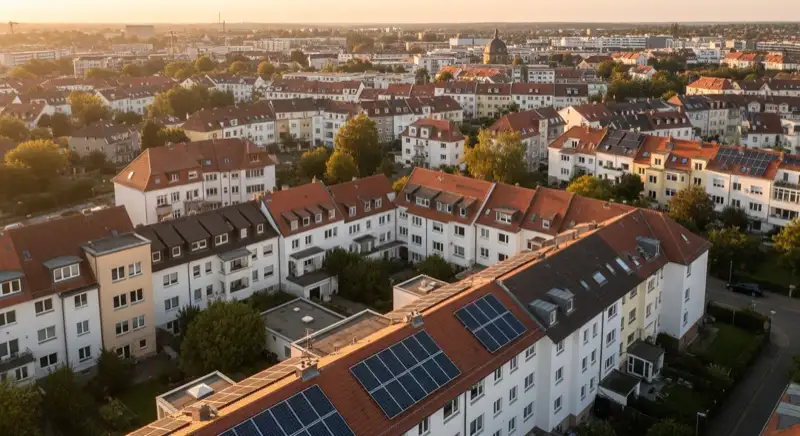 Aerial drone view of typical German residential neighborhood with mixed roof types, red and dark roof tiles, gardens visible, sunny day