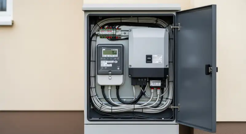Modern German electrical meter cabinet (Zählerschrank) with smart meter and solar inverter connection, clean technical installation