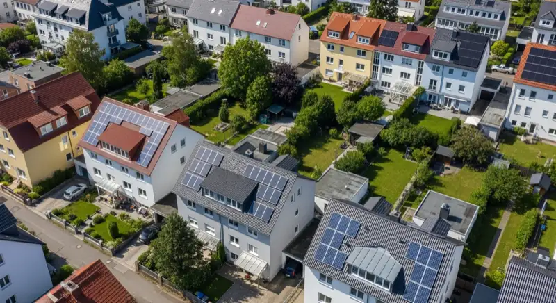 Aerial drone view of typical German residential neighborhood with mixed roof types, red and dark roof tiles, gardens visible, sunny day