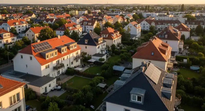 Aerial drone view of typical German residential neighborhood with mixed roof types, red and dark roof tiles, gardens visible, sunny day