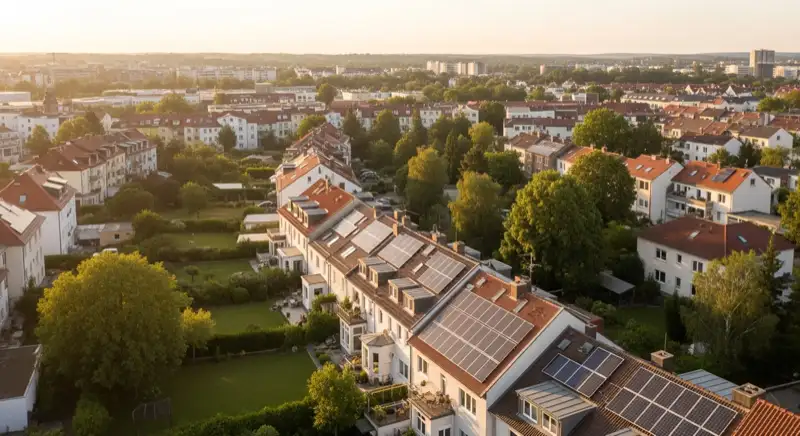 Aerial drone view of typical German residential neighborhood with mixed roof types, red and dark roof tiles, gardens visible, sunny day