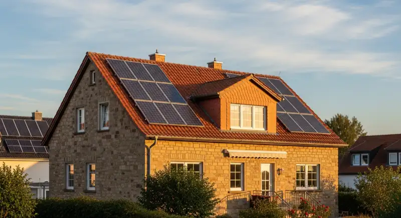 Münsterländisches Backsteinhaus mit moderner Solaranlage auf rotem Satteldach in Dülmen