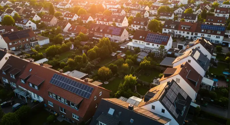 Aerial drone view of typical German residential neighborhood with mixed roof types, red and dark roof tiles, gardens visible, sunny day