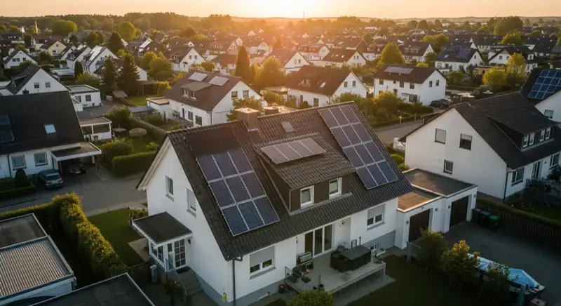 Aerial drone view of typical German residential neighborhood with mixed roof types, red and dark roof tiles, gardens visible, sunny day