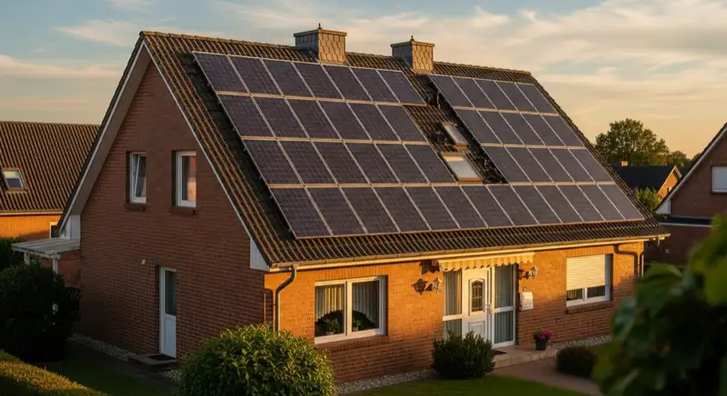 Einfamilienhaus in Dülmen mit Solaranlage auf 42° Satteldach bei typischer Westausrichtung im Münsterland