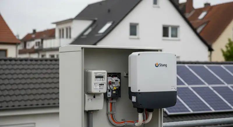 Modern German electrical meter cabinet (Zählerschrank) with smart meter and solar inverter connection, clean technical installation