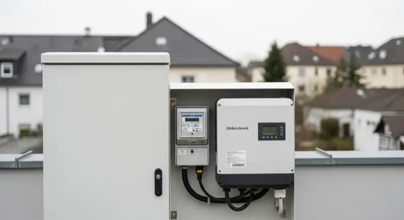 Modern German electrical meter cabinet (Zählerschrank) with smart meter and solar inverter connection, clean technical installation